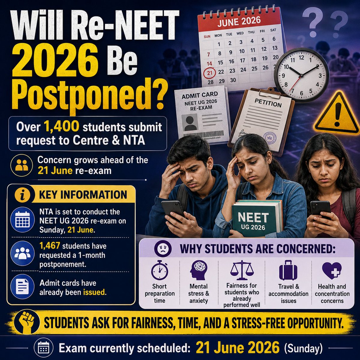 Physioadm's tweet photo. Will Re-NEET UG 2026 be postponed?

With the re-exam currently scheduled for 21 June 2026, over 1,400 NEET aspirants have requested the Centre & NTA to postpone the exam by one month.

Students are raising genuine concerns:
• Sudden re-exam pressure
• Mental stress & anxiety
• Short preparation time
• Travel and accommodation issues
• Fairness for students who already performed well

NEET aspirants are not responsible for the cancellation, but they are now carrying the burden of uncertainty.

Students are asking for only one thing: fairness, time, and a stress-free opportunity.

#NEETUG2026 #ReNEET #NEETUG #NTA #MedicalAdmissions #StudentVoice #NEETAspirants