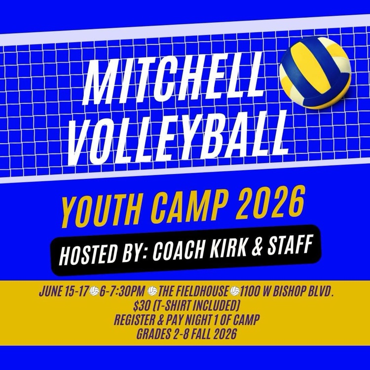MHSBluejacketAD's tweet photo. Youth volleyball camp begins tonight for next year's 2nd through 8th graders at 6:00 in the Fieldhouse. If you haven't signed up yet there's still time to get enrolled #MitchellPride #GoJackets https://t.co/FQTCMURcuN