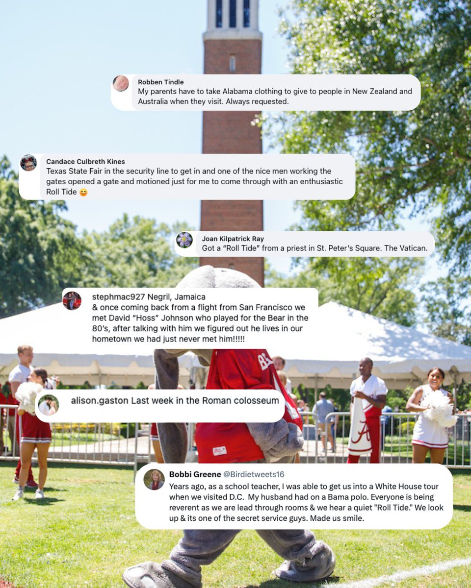 UofAlabama's tweet photo. We wanted to know the most random place you've ever met a #Bama fan &amp; you delivered! From a river cruise on the Rhine to The Vatican, #Bama fans are everywhere 🤩 Swipe through to see some of our favorite responses ↓ https://t.co/npvY71eVom