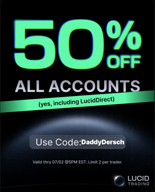 SpyOptionaire's tweet photo. 50% off @TradingLucid  with code DaddyDersch

#MFFU #MyFundedFutures #PROPFIRM #proptrading #daytrading #apextrading #apex #topstep #SPY #spx $spy $spx $QQQ #QQQ #ES_F $NQ #NQ #Nasdaq $ES #ES $NQ_F #NQ_F #TradeDay #Blusky #LegendsTrading #FamilyFundedFutures #FFF #Earn2Trade #E2T #PropTrading #Lucid #TradingLucid #LucidTrading #Tradeify