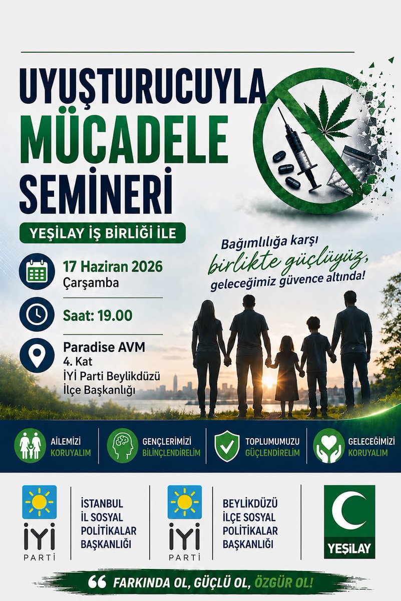 BadurFigen's tweet photo. Uyuşturucu bağımlılığı; ailelerin, eğitim kurumlarının, yerel yönetimlerin ve sivil toplum kuruluşlarının hep birlikte mücadele etmesi gereken toplumsal bir sorun, geleceğimiz olan gençlerimizi korumak ise hepimizin ortak görevidir.

Bu düşünceden hareketle, daha önceki paylaşımımızda; madde bağımlılığıyla mücadelede gençlerimizin ve ailelerimizin yanında olmaya, farkındalık çalışmalarını desteklemeye ve toplumsal bilincin artırılmasına katkı sunmaya devam edeceğimizi belirtmiş, bu konuda üzerimize düşeni yapacağımızın sözünü vermiştik.

Şimdi de verdiğimiz sözün gereğini yerine getirerek; toplumsal bilinci artırmak ve çözüm yollarını konuşmak amacıyla, İYİ Parti İstanbul İl Sosyal Politikalar Başkanlığı ve Beylikdüzü İlçe Sosyal Politikalar Başkanlığı koordinesinde ve Yeşilay iş birliğiyle ilçe binamızda “Uyuşturucuyla Mücadele Semineri” düzenliyoruz.

Tüm halkımız davetlidir.

Gelin, geleceğimizi birlikte koruyalım; uyuşturucuya karşı hep birlikte mücadele edelim. 🇹🇷🙏🏻

#Uyuşturucuylamücadele #Seminer

@iyiparti @MDervisogluTR @Ozturkdenizli @ipekozkal @KevserOfluoglu @iyiparti_34 
@Yucel_Coskun @ycebi @iyibeylikduzu34