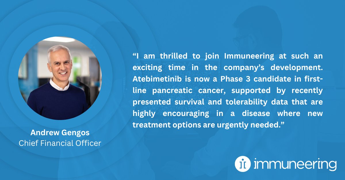 Immuneering's tweet photo. Excited to welcome Andrew Gengos as Immuneering’s new CFO! Formerly at Terns Pharmaceuticals, he’ll lead finance strategy, IR & BD as we advance atebimetinib in the Ph 3 MAPKeeper 301 trial in 1L pancreatic cancer and progress our broader pipeline. Read more: https://t.co/qJ8wcCtU1y