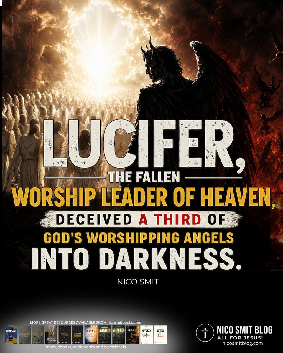 psnicosmit's tweet photo. Lucifer, the fallen worship leader of heaven, deceived a third of God’s worshipping angels into darkness.

WHO IS RECEIVING YOUR WORSHIP? Lucifer was once a worship leader in heaven.

Before he became the enemy of our souls, he stood in the presence of God. Yet self-righteousness and pride corrupted what worship was meant to be. A minister of glory became a messenger of rebellion. A servant became a usurper. A worshipper became a deceiver. His fall reveals something profound: Satan has always desired and promoted himself in worship.

Not worship directed to God—but worship diverted from God.

That strategy has never changed. If Satan appeared with horns, darkness, a red face, an ominous tail and obvious evil, few would follow him. Instead, Scripture warns that he masquerades as an angel of light. What looks holy is not always holy. What sounds spiritual is not always from the Spirit of God. What comes with sweet words are often whispered with a serpents tongue.

"For Satan himself masquerades as an angel of light." (2 Corinthians 11:14)

The enemy's greatest deception is not convincing people to hate God. It is convincing people they are serving God while slowly leading them away from His truth.

A religious spirit often speaks the language of heaven while carrying the agenda of hell. It uses emotion without truth. Stirs passion without holiness. Invites experiences without discernment or obedience. Eagerly welcomes spiritual language without searching for a biblical foundation. The result is always the same: worship is redirected, authority is resisted, truth is questioned, and rebellion is justified.

This is why discernment is not optional for believers.
Not everything that cries "Holy" is pointing people to Jesus.
Not every spiritual movement is born of the Holy Spirit.
Not every voice quoting Scripture is speaking for God.

Remember, Satan quoted Scripture to Jesus in the wilderness.

The enemy does not merely attack the Church from the outside. Often, he seeks to infiltrate from within, sowing division, accusation, rebellion, mistrust of Holy Spirit led leadership decisions and confusion under the appearance of righteousness. What better way to deceive Christians than under the disguise of Christianity?

Isaiah gives us the measuring rod:
"To the law and to the testimony! If they do not speak according to this word, they have no light in them." (Isaiah 8:20)

Every voice, every ministry, every movement, every revelation, and every experience must be tested against the Word of God. The safest place for a believer is not in emotional excitement but in biblical truth.

When Jesus was tempted, He did not argue with Satan. He answered with Scripture: "You shall worship the Lord your God, and Him only shall you serve." (Matthew 4:10)

That remains our victory today. Worship, devotion and allegiance belongs to God alone.

The good news is that Satan is fighting a battle he cannot win. His end has already been written. One day he will be cast into the lake of fire forever (Revelation 20:10) and all his lies and followers would be forever exposed.

Until that day, stand firm.
Keep your heart pure.
Keep your worship focused.
Keep your discernment sharp.
Keep the Word of God in your mouth.

The battle is real, but so is the victory of Jesus.

And those who cling to Christ will not be overcome.

Feel free to visit my resource bookshop https://t.co/Xd8wIq8Tu7. You can also subscribe to my blog https://t.co/QYcT2NhAIJ
