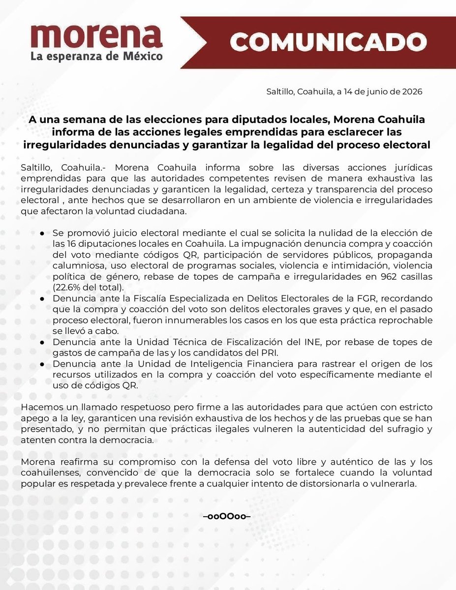 ErnestoGuerra_'s tweet photo. Morena informa sus acciones legales en contra de los resultados electorales en Coahuila.

Cuatro acciones:

1. Juicio electoral para anular la elección en los 16 distritos locales para elegir diputaciones

2. Denuncia ante la Fiscalía en delitos electorales de la FGR

3. Denuncia ante la UTF del INE

4. Denuncia ante la Unidad de Inteligencia Financiera para rastrear el origen de los recursos.

Échele leída👇