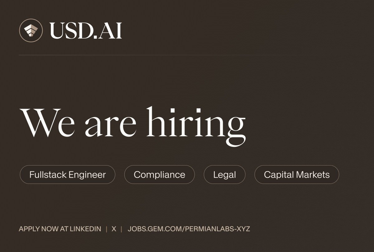 USDai_Official's tweet photo. USDAI is hiring across the org.

The team is growing as USDAI works toward the $1B goal in compute financing.

Open roles across capital markets, compliance, legal and engineering.

Come build the debt instrument for compute. https://t.co/Rxcew7A9UV