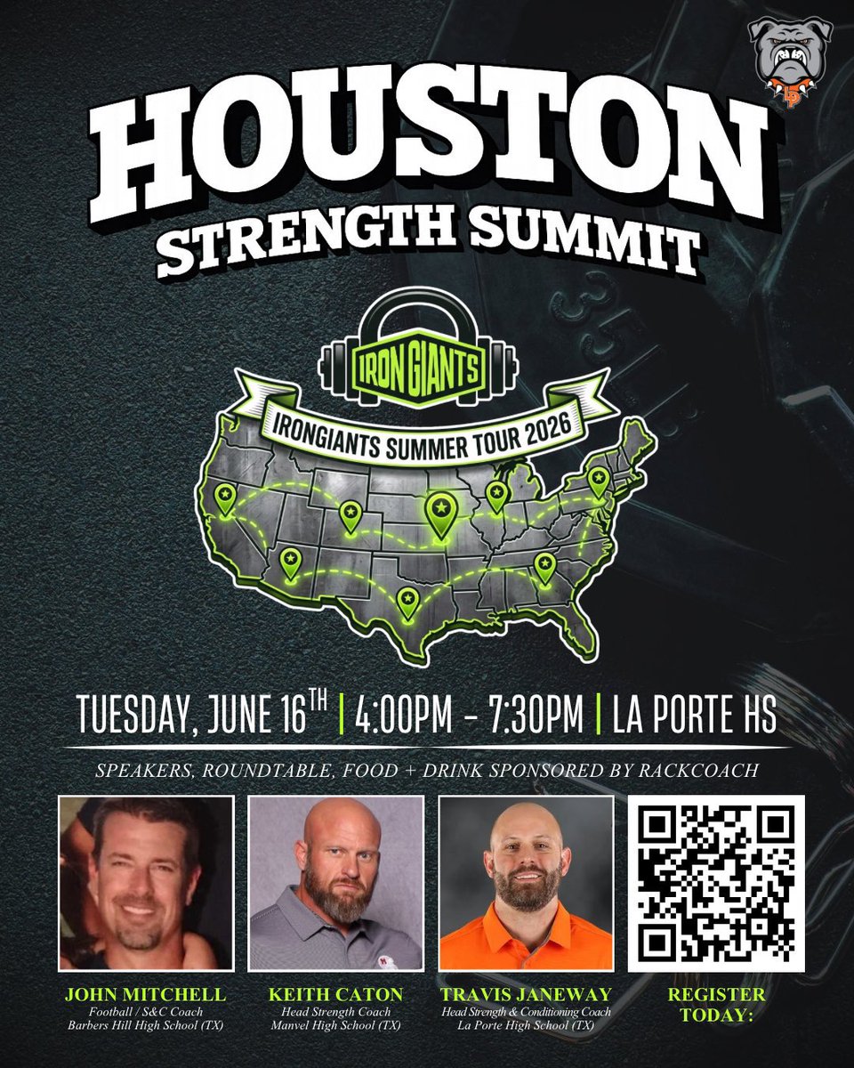 StrengthGiants's tweet photo. 🚨 TOMORROW! 🚨

Houston area coaches, take advantage of this! Join us to talk strength shop and hear from 3 strength programs/coaches! 🏋️

📍La Porte HS
📆 Tuesday, June 16th
🕙 4:00PM-7:30PM
(lunch provided)

🔗Register now: https://t.co/apdmiftFln

@LPISDstrength | @twjaneway https://t.co/iQcQpvpXOD