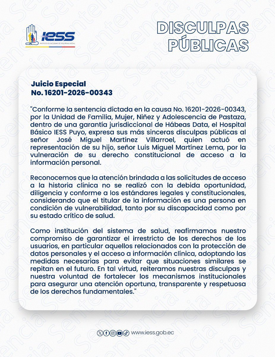 Pastaza_IESS's tweet photo. Ofrecemos #DisculpasPúblicas dentro de la causa No. 16201-2026-00343

Detalles ➡️https://t.co/5llKDmTYpa https://t.co/XRatwEGLdI