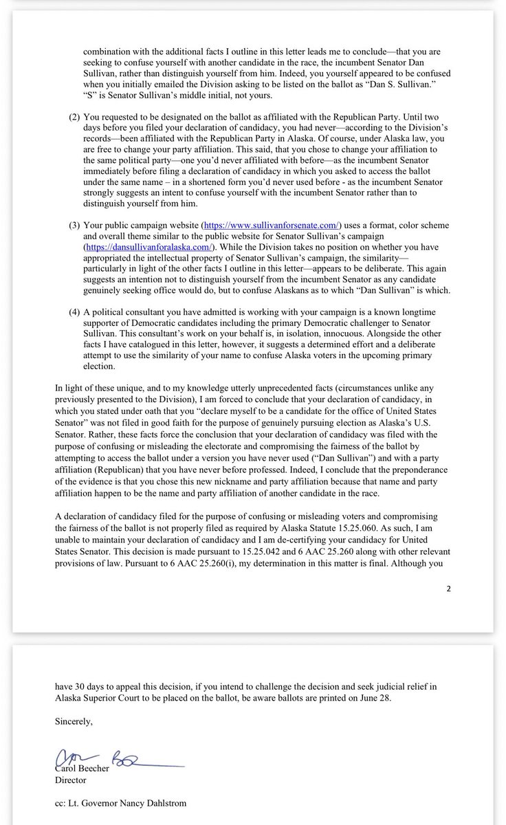 alaskalandmine's tweet photo. Here’s the letter from the @ak_elections disqualifying Decoy Dan Sullivan from challenging @SenDanSullivan. Decoy Dan could decide to take the matter to the courts. #akleg https://t.co/OgKxhw778k