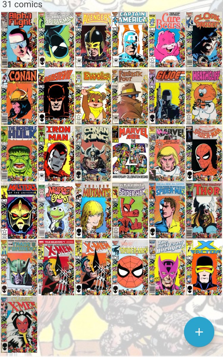 Comic_Book_Ivan's tweet photo. @AbsolutelyMalc1 They all came out in November 1986. There were 29 in all. The pic shows 31 because the X-Men issue had a reprint in 2020 as part of Marvel's True Believer reprint series, and I also include the Marvel Age #37 from April 1986 that had the first news story about these covers. https://t.co/ElrJ4JOTMq