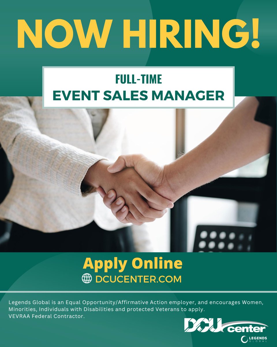 DCUCenter's tweet photo. 📢 NOW HIRING

The DCU Center is seeking a Full-Time Event Sales Manager! If you're passionate about live events, building client relationships, and driving convention center bookings, we'd love to hear from you.

Please apply here: https://t.co/R6mOJvvggg https://t.co/CBRr2uBBow
