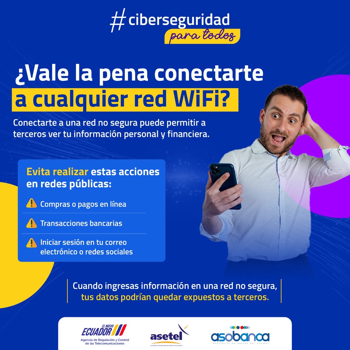 Arcotel_ec's tweet photo. 💡Conocer los riesgos también es parte de la ciberseguridad.

Si te conectas a una red WiFi pública, evita realizar acciones que involucren información personal o financiera y prioriza redes seguras.

#CiberseguridadParaTodos

@AsetelEcuador @asobancos https://t.co/n31t3YnFlA