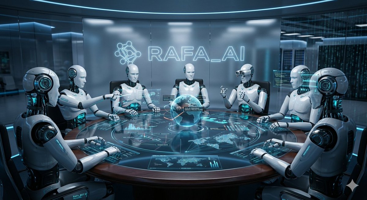 PabloDreke's tweet photo. This literally how @RAFA_AI   advanced robots seat at  a round table 24/7 hrs to help you with the best investment decisions in the stock market and crypto markets  too. RAFA  AI bots make complex decisions by utilizing a team of autonomous virtual experts https://t.co/d31cxdVzgp