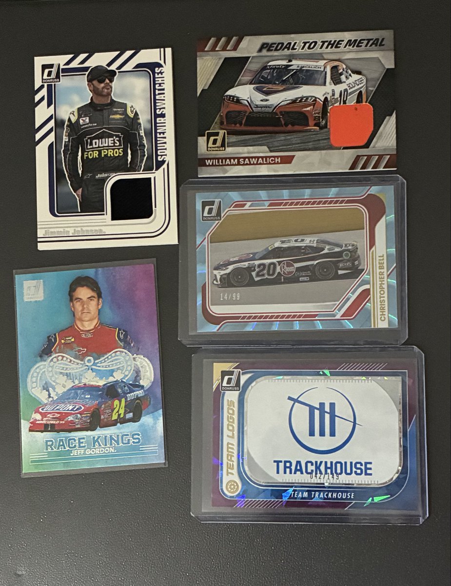 Lechonpapi556's tweet photo. The Great Jimmie Johnson relic and Sawalich car relic. Trackhouse logo card /149 and Bell /99. LOVE the Jeff Gordon Classic #24. https://t.co/HTuCxC4R6z