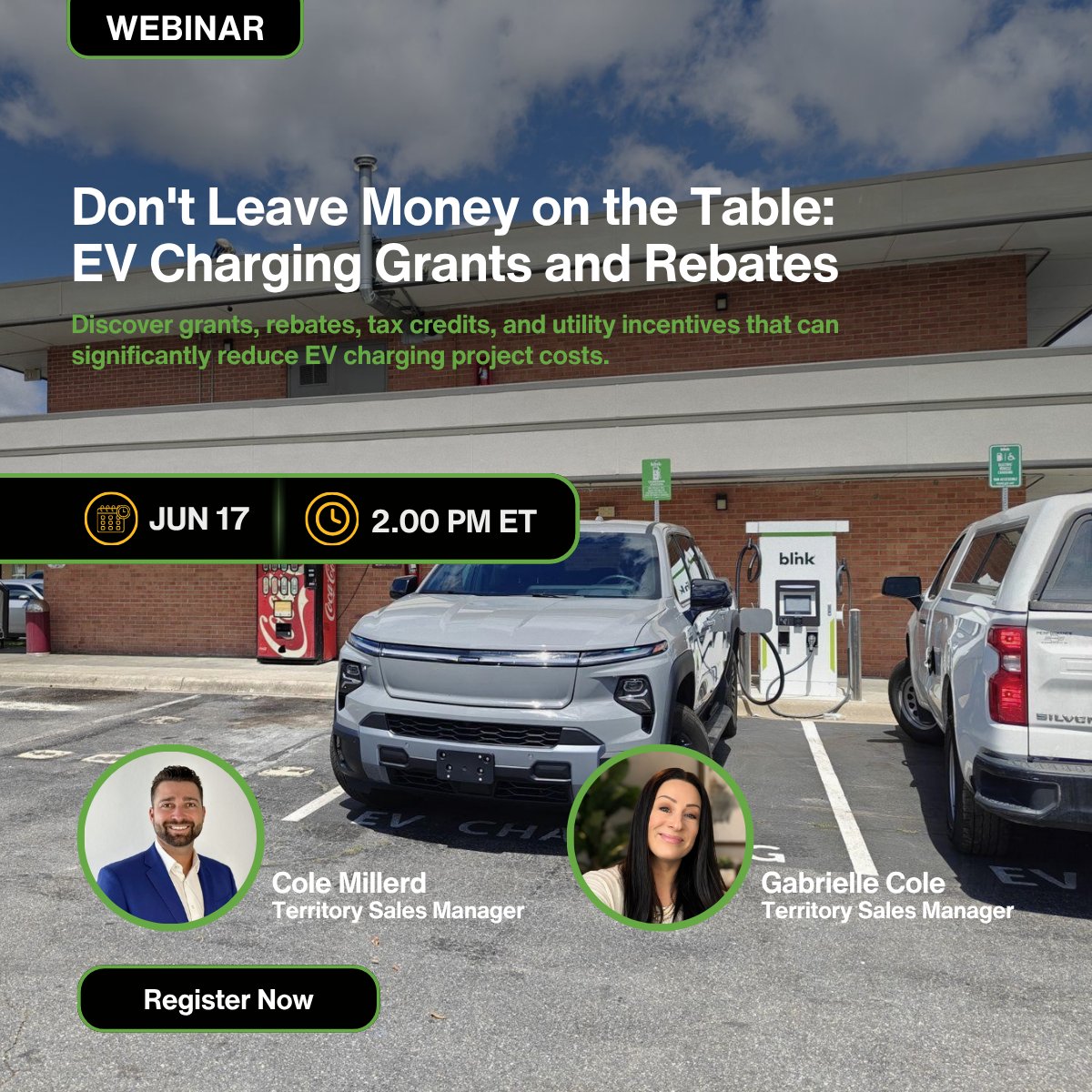 BlinkCharging's tweet photo. Billions of dollars in EV charging grants, rebates, tax credits, and utility incentives are available today, but many organizations never take full advantage of them.

Join Blink Charging on June 17 for a webinar designed to help you identify funding opportunities, strengthen your applications, avoid common mistakes, and maximize available incentives for your EV charging projects.

Whether you're planning a new installation or expanding existing infrastructure, this session will provide practical insights to help you move forward with confidence.

📅 June 17, 2026
⏰ 2:00 PM ET
🎙️ Featuring: Cole Millerd & Gabrielle Cole

Register today: https://t.co/JwqmgrJycz

#BlinkCharging #EVCharging #ElectricVehicles #EVInfrastructure #CleanTransportation #FleetElectrification #Sustainability #EVFunding