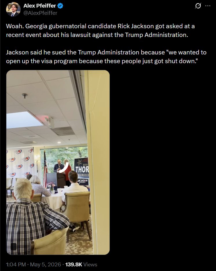restoreorderusa's tweet photo. Rick Jackson spent $100 million of his own money trying to become governor, only for Donald Trump and Brian Kemp to endorse @burtjonesforga. 

Given that Rick Jackson sued the Trump admin to try to bring in more cheap visa workers, I'd say the president made the right call! https://t.co/gHhoViBvzB