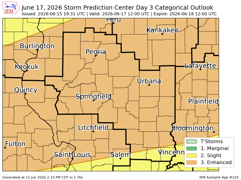 PWNLincoln's tweet photo. #SPC issues Day 3 Enhanced Convective Risk at Jun 15, 19:31z for ILX https://t.co/ls1q3oi0cb https://t.co/UPnN2bTi86