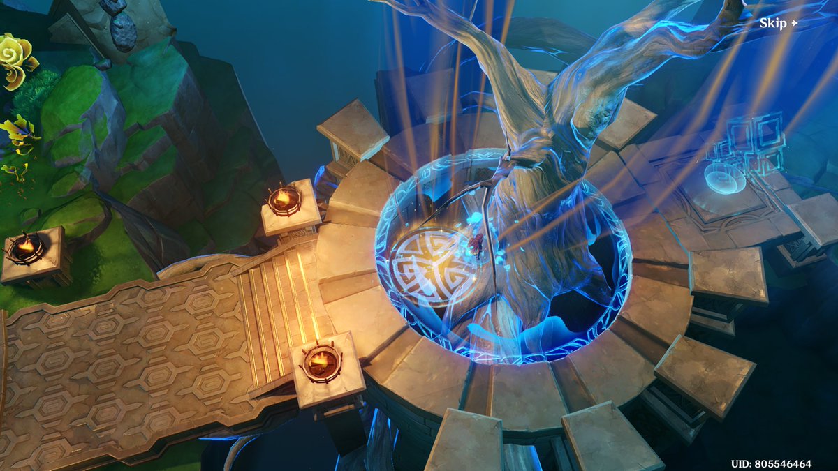 impandon's tweet photo. So Genshin does have a skip button in some cutscenes… which means the technology exists https://t.co/llYWmxp1tm