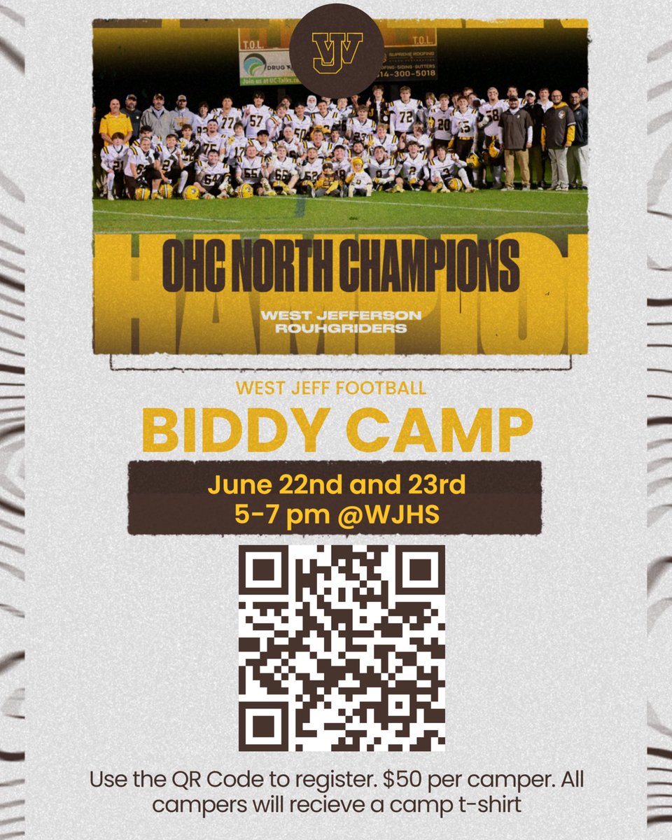 WJRiderFootball's tweet photo. Biddy Camp is next week!

The West Jeff Football Biddy Camp will be June 22nd and 23rd from 5-7 PM at the high school! Register using the QR code attached to the flyer! Go Riders! https://t.co/SaAEqJaGcT