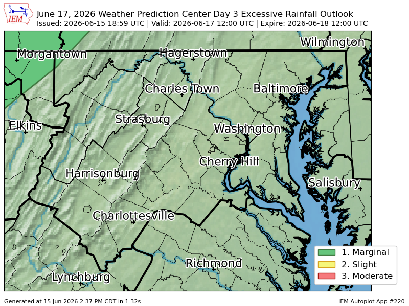 PWXBaltimore's tweet photo. WPC issues Day 3 Marginal Risk Excessive Rainfall Outlook at Jun 15, 18:59z for LWX https://t.co/3Qb0XSpLE5 https://t.co/vDCo6pvuCA