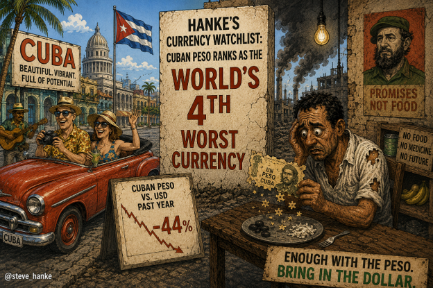 steve_hanke's tweet photo. On this week's Hanke's #CurrencyWatchlist, the Cuban peso ranks as the WORLD'S 4TH WORST CURRENCY.

The peso has depreciated by 44% against the USD in the past year.

CUBA'S SOCIALISM AND UNCLE SAM'S SANCTIONS HAVE PROVED TO BE A DEADLY COCKTAIL FOR CUBA. https://t.co/dqaUJayOJS