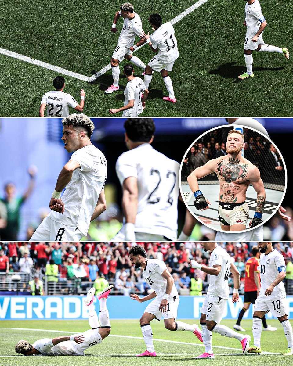 ESPNAfrica's tweet photo. After scoring Egypt’s first goal of the 2026 World Cup, Emam Ashour hit the Conor McGregor strut, before being playfully pushed over by a teammate 🤣🇪🇬 https://t.co/EZ5yNCrW8u