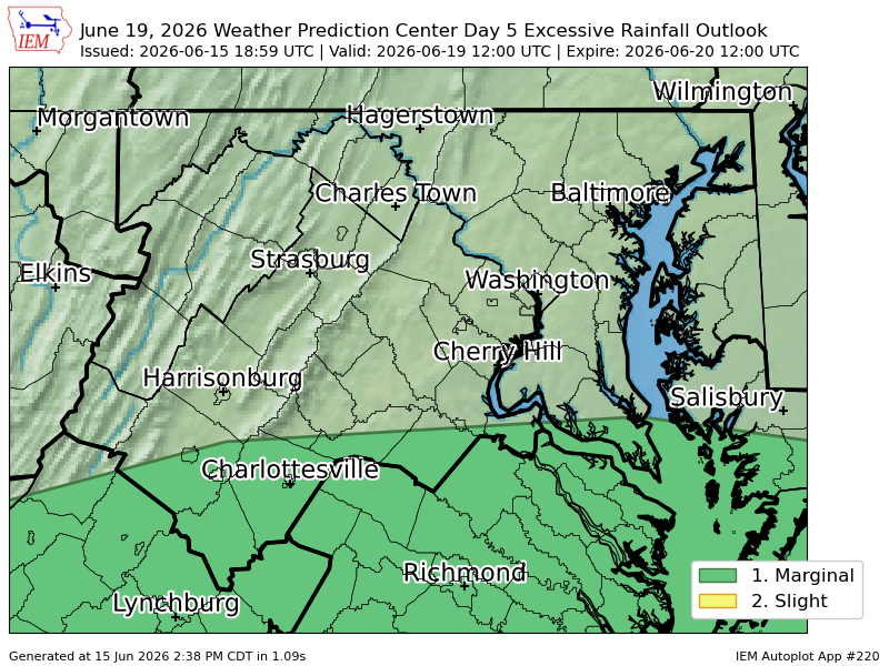PWXBaltimore's tweet photo. WPC issues Day 5 Marginal Risk Excessive Rainfall Outlook at Jun 15, 18:59z for LWX https://t.co/3Qb0XSpLE5 https://t.co/NUQc9vtVVQ