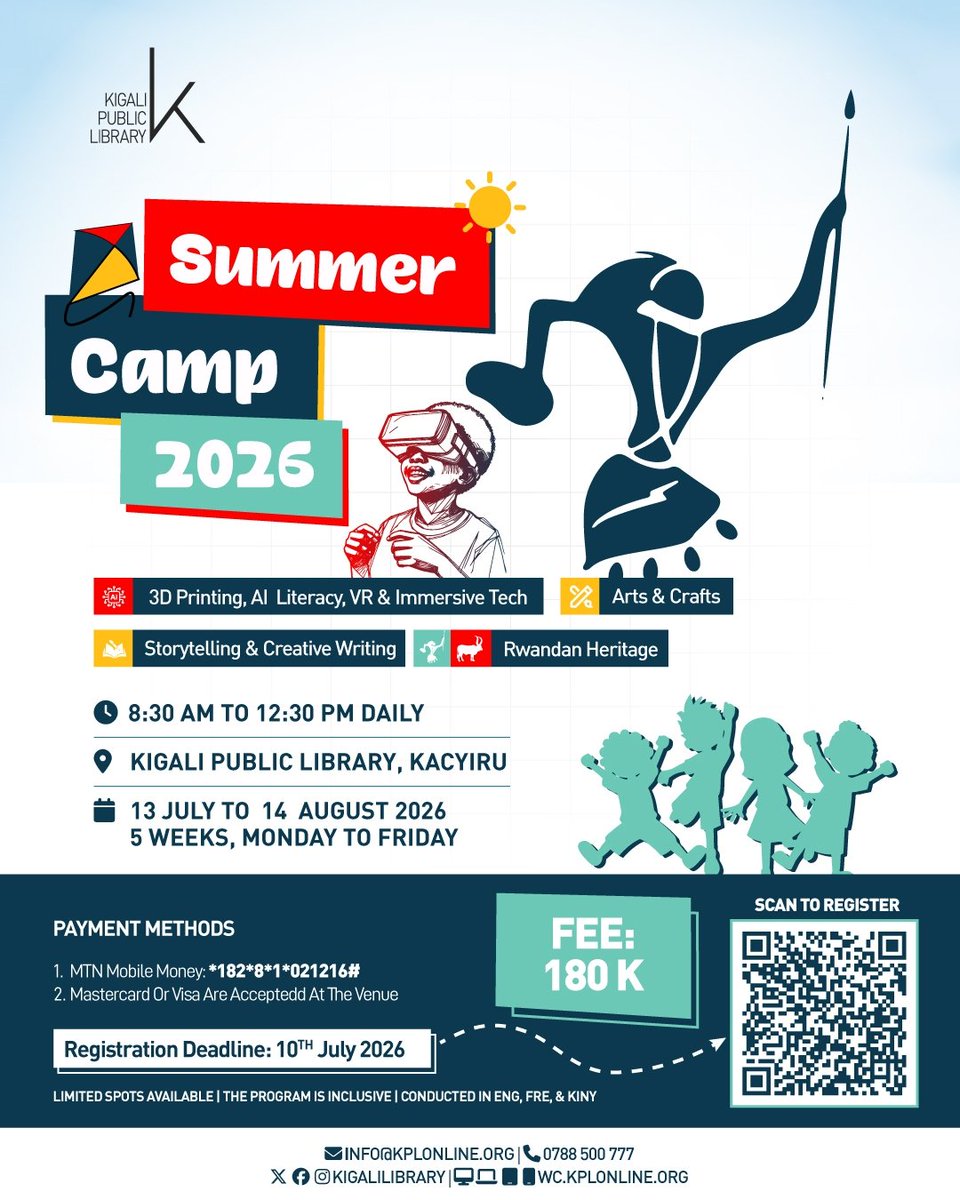 KigaliLibrary's tweet photo. What is your child doing this summer?

At Kigali Public Library, they could be designing 3D models, exploring virtual reality, learning about AI, creating art, and discovering Rwandan heritage.

KPL Summer Camp runs from 13 July to 14 August. Secure your spot before 10 July. https://t.co/2fPMdEmfaZ