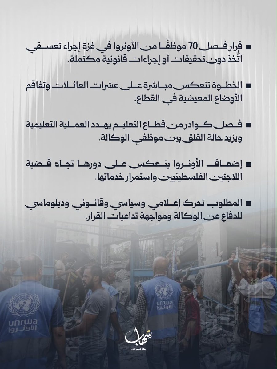 AliHweidi's tweet photo. في تصريح خاص #لوكالة_شهاب | مدير عام الهيئة 302 للدفاع عن حقوق اللاجئين علي هويدي:

"قرار فصل 70 موظفًا من #الأونروا في غزة إجراء تعسفي اتُّخذ دون تحقيقات أو إجراءات قانونية مكتملة". https://t.co/xSWjix2FW4