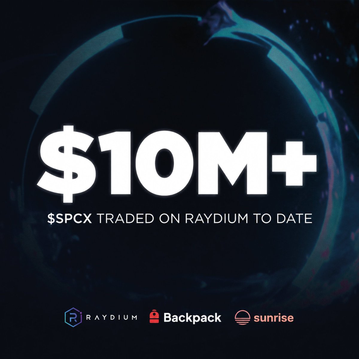 Raydium's tweet photo. Over $10M in $SPCX has been traded on Raydium since launch.

Onchain capital markets don't stop at the closing bell; trading is 24/7 on Solana. https://t.co/jWJVeVfw1c
