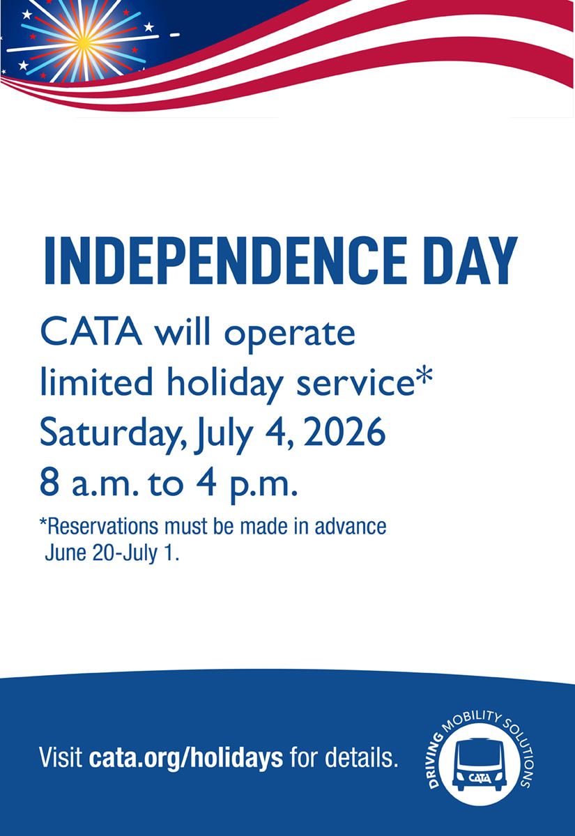 RideCATA's tweet photo. Need a ride on Independence Day?
๐ Spec-Tran curb-to-curb service will be available to the general public from 8 a.m.โ4 p.m. on Saturday, July 4.
๐
Reserve your ride June 20 to July 1, call 517-394-2282.
Learn more: https://t.co/pwQdIZYnUa
#rideCATA #HolidayService https://t.co/DbCjhLfvcw