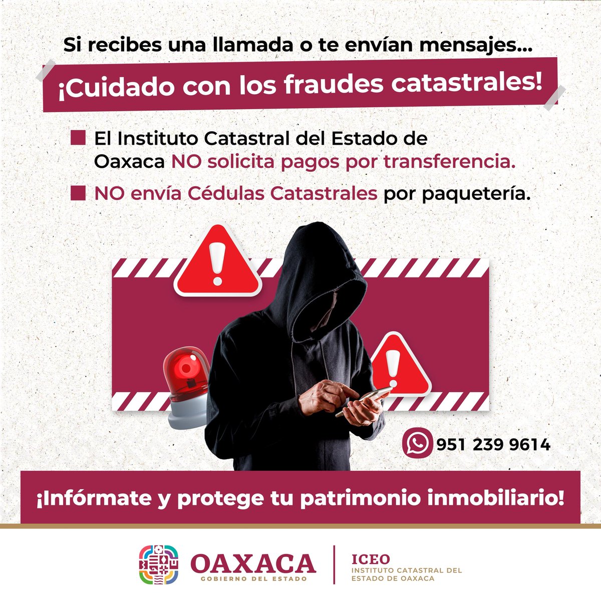 Catastro_GobOax's tweet photo. Recuerda que el Instituto Catastral del Estado de Oaxaca no realiza llamadas para solicitar dinero o transferencias bancarias.

¡Infórmate y protege tu patrimonio inmobiliario! https://t.co/wzYziQrmJb