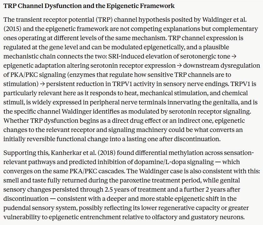 PSSD_Info's tweet photo. The TRP channel hypothesis &amp; epigenetic framework are complementary: epigenetic adaptation altering serotonin receptor expression could produce persistent ⬇️ TRP channel activity in sensory nerve endings—converting an initially reversible functional change into a lasting one. 4/n https://t.co/ZCXUWlfe0x