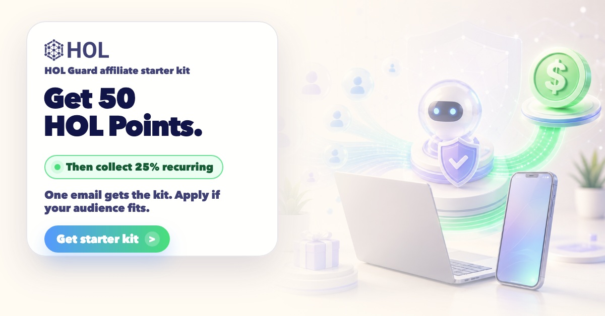 HashgraphOnline's tweet photo. Start here: collect 50 HOL Points when you request the HOL Guard affiliate starter kit. If your audience fits, apply for a partner link and collect 25% recurring commission on qualified customers.