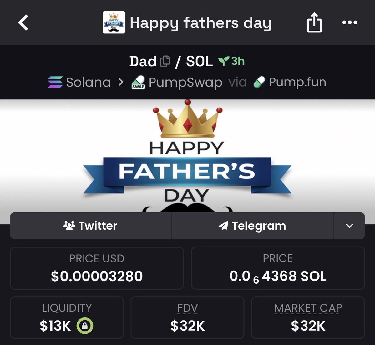 cryptolaanie's tweet photo. bought $DAD here 

this is an extremely strong conviction as Father’s Day is around the corner, the CTO team is based as fuck and this is a clear runner. 

send it to 7 fig with haste. 

qxfUTZkfrP3pEmxhAdYyQYRUcGi63zv1gA4z9RbBzr3 https://t.co/pf3MaZnWN8