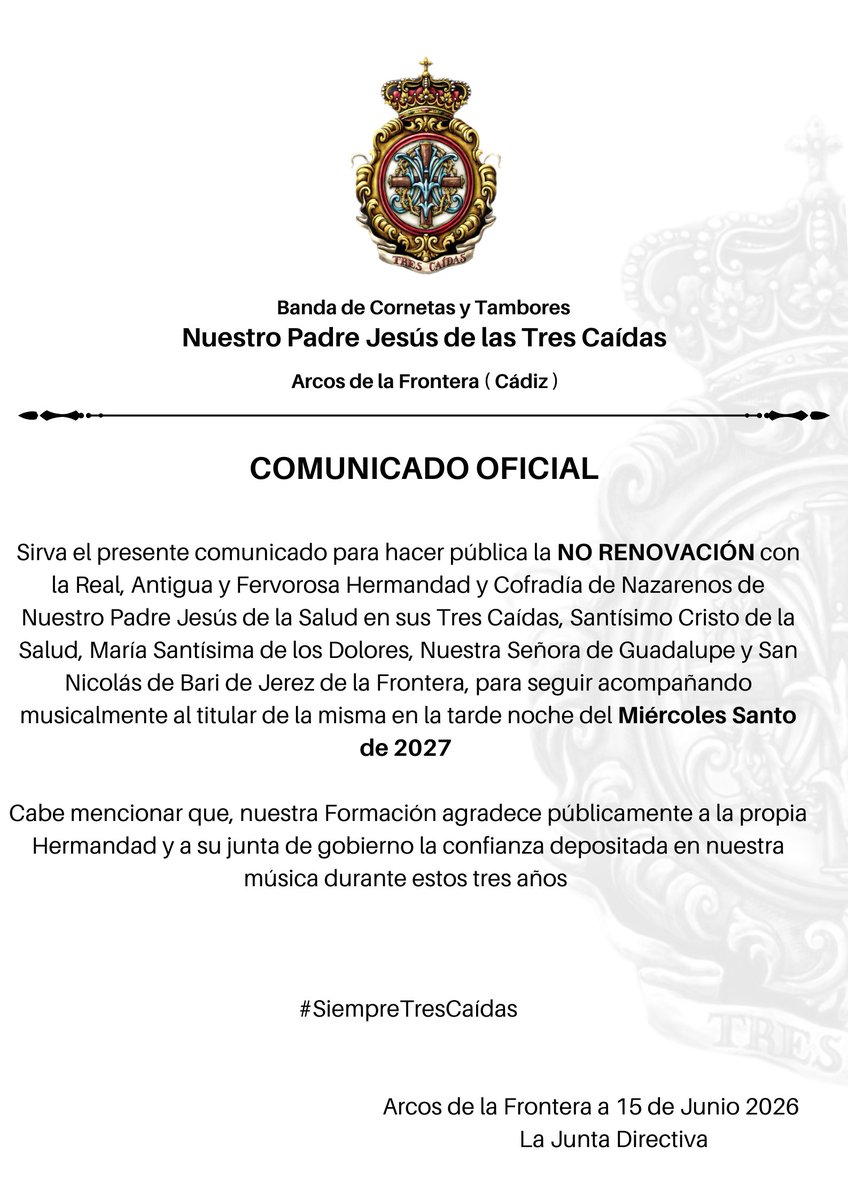 TresCaidasArcos's tweet photo. 📍𝐂𝐎𝐌𝐔𝐍𝐈𝐂𝐀𝐃𝐎 𝐎𝐅𝐈𝐂𝐈𝐀𝐋 

𝐍𝐎 𝐫𝐞𝐧𝐨𝐯𝐚𝐜𝐢𝐨́𝐧 Miércoles Santo

@3caidasjerez

#SiempreTresCaídas https://t.co/0bWo0tsC8m