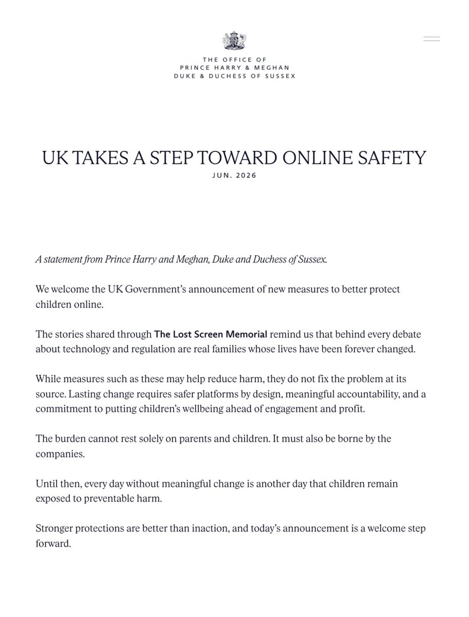 ShakeLS's tweet photo. Prince Harry and Meghan deliver a statement on the decision of the UK government to ban social media on kids. Absolutely great decision 👏👏 https://t.co/XnJTJH5Jgo