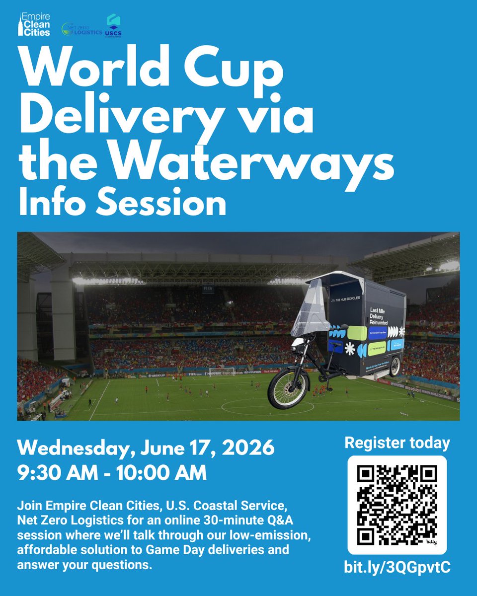 EMPIRECLEAN's tweet photo. Interested in Blue Highways? Impacted by midtown traffic mitigation during World Cup match days? Join Empire Clean Cities, U.S. Coastal Service, Net Zero Logistics for an online 30-minute Q&amp;A session.
June 17, 2026 | 9:30AM - 10:00AM
Register here: https://t.co/jWxGGbCiQL https://t.co/w2685XhyYw