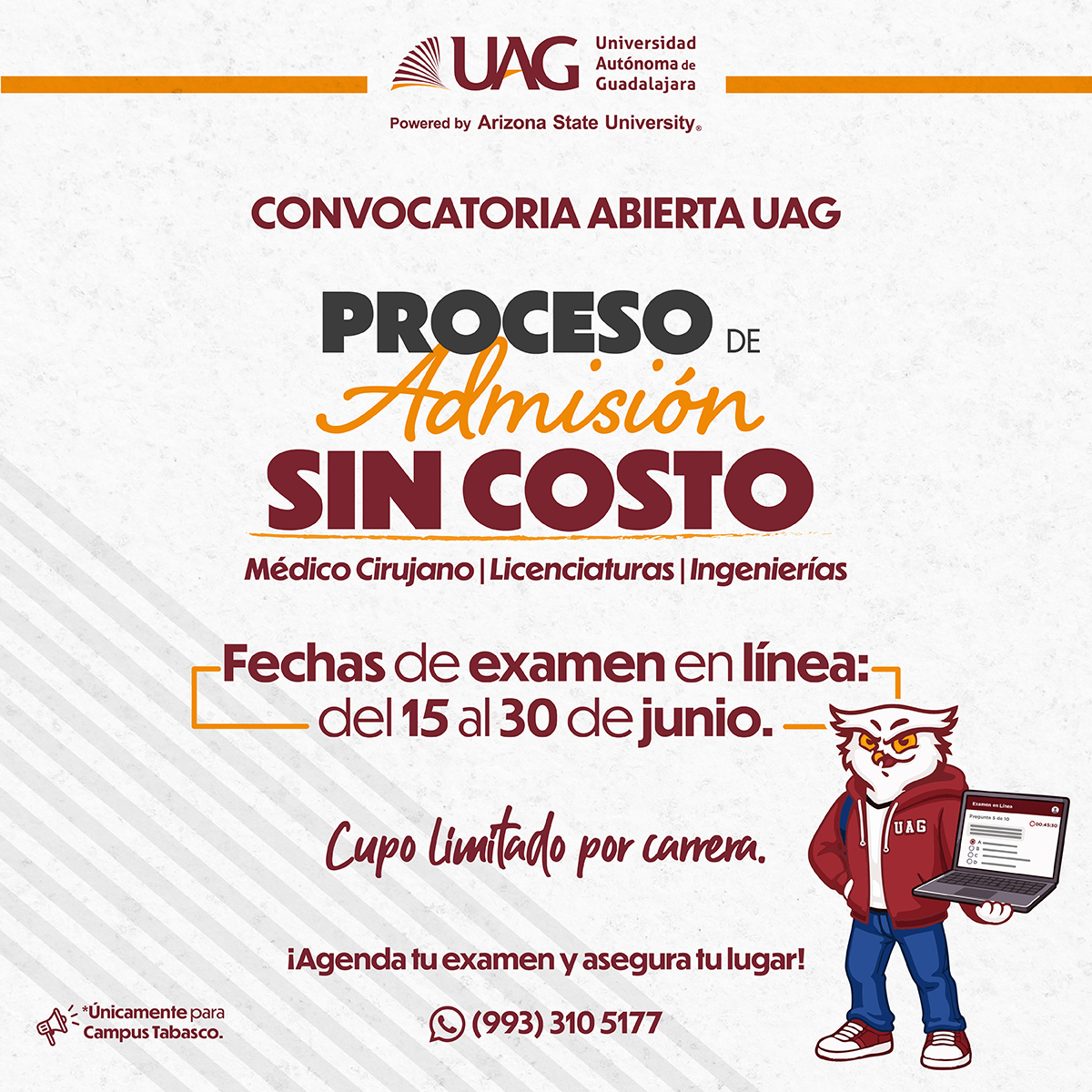 UAGTab's tweet photo. 🎓 ¡𝗘𝘅𝗮𝗺𝗲𝗻 𝗱𝗲 𝗔𝗱𝗺𝗶𝘀𝗶𝗼́𝗻 𝗦𝗜𝗡 𝗖𝗢𝗦𝗧𝗢 por tiempo limitado!⏳

Promoción y cupos limitados. 📣

📲 𝗔𝗴𝗲𝗻𝗱𝗮 𝘁𝘂 𝗲𝘅𝗮𝗺𝗲𝗻 𝗮𝗾𝘂í: https://t.co/dwW1GDg5FF https://t.co/Z708WscMH9