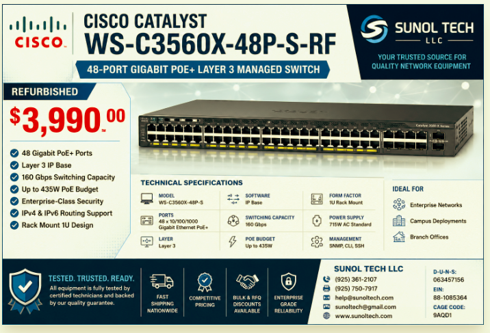 SunolTechco's tweet photo. https://t.co/64156uHq3r
Cisco Catalyst WS-C3560X-48P-S Layer 3 Switch WS-C3560X-48P-S-RF #Cisco #Catalyst
#Switch
#WSC3560X48PS
#CiscoNetworking
#Layer3Switch
#PoESwitch
#EnterpriseNetworking
#NetworkInfrastructure
#RefurbishedCisco
#GigabitSwitch
#CiscoPartner
#SunolTech https://t.co/ZEOSNSmm37