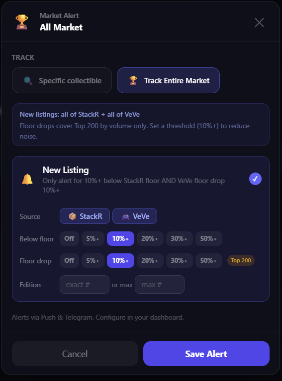 VeveAlpha's tweet photo. Set alerts on :
- Below floor listings (Save $)
- Exact edition # (Star wars fan 1977?)
- max edition # (perfect for low mint hunters)

Currently cover all StackR listings and top 200 for floor changes on Veve. 
For edition numbers we cover all of StackR and all of VeVe listings. https://t.co/yW5tSy6LaF