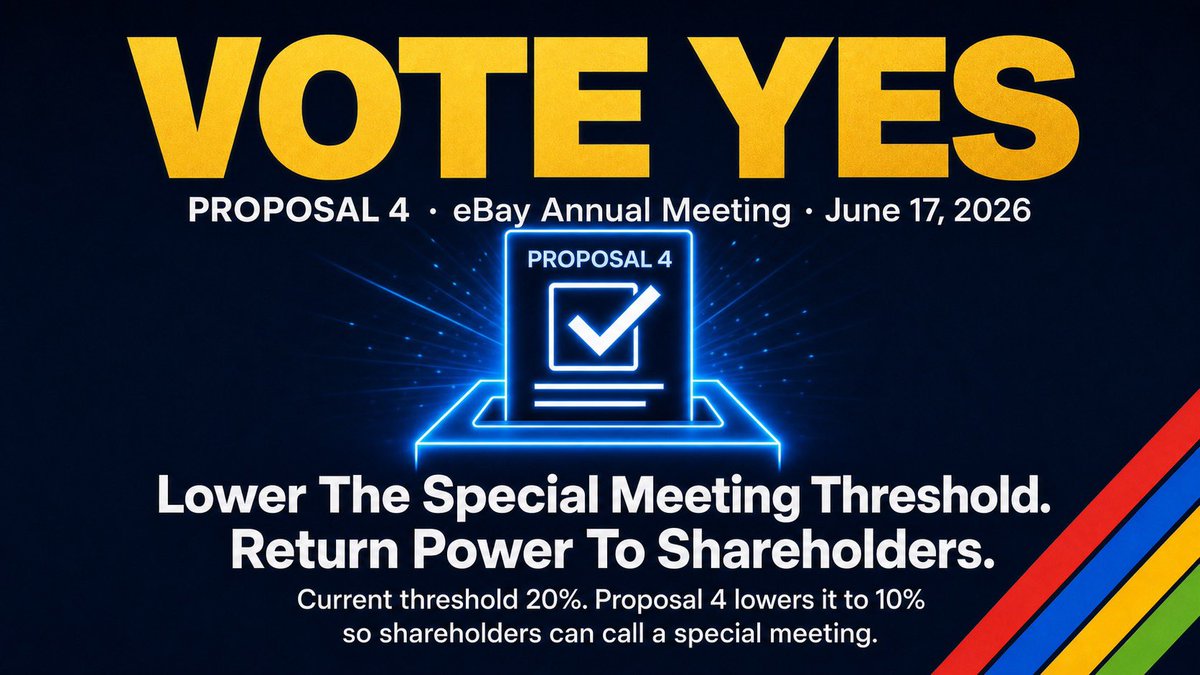 foxenflask's tweet photo. Dear $EBAY Shareholders,

Proposal 4 is about your basic rights.  

Right now, it takes 20% of all shares to call a special meeting. Proposal 4 lowers that to 10% so shareholders can act when the board will not.

GameStop and Ryan Cohen now hold about 9% of eBay and have offered $125 per share and a plan to increase EPS for shareholders immediately, which is a 40% premium from when they first bought eBay stock in February and a significant premium to today’s price, valuing the company at an all time high since going public. The board rejected this offer while themselves selling shares at much lower prices and, to my knowledge, no current director has EVER purchased eBay stock on the open market with their own money, only sold what they were given.

If Proposal 4 passes and GameStop reaches 10% ownership, they can call a special meeting and you can vote on who sits on the board and runs this company.

For too long eBay has been run by overpaid executives and serial delegators that have put shareholders and customers last. Vote Yes on Proposal 4 at the eBay annual meeting on June 17, 2026. The board should answer to shareholders and not the other way around. Compensation should not be risk free. There should be accountability for bad decisions that hurt the company financially. 

Disclaimer: I am a shareholder of both GameStop and eBay and may benefit if Proposal 4 passes and Ryan Cohen gains greater influence over eBay. This message is for informational and advocacy purposes only. It is not investment advice, a recommendation to buy or sell any security, or a solicitation of proxies. Please review eBay’s official proxy materials and make your own voting and investment decisions.