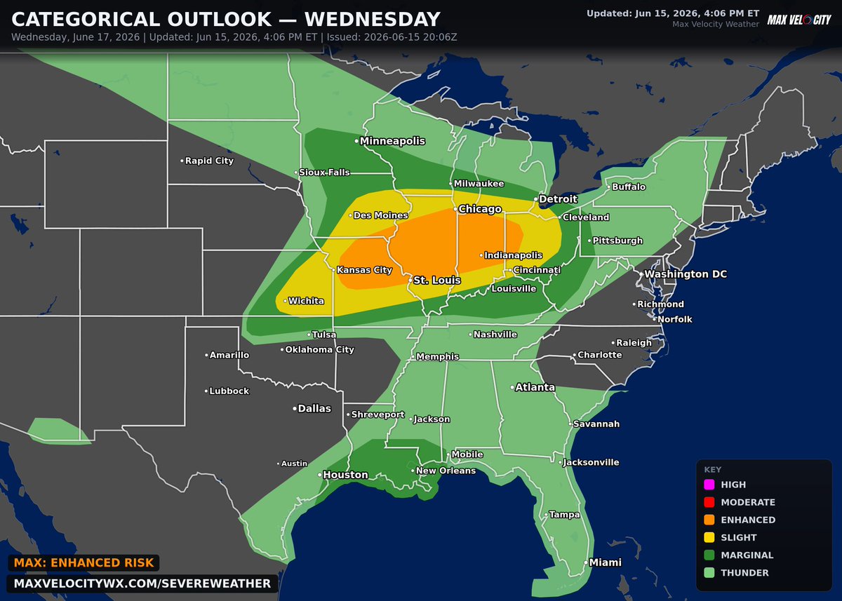 MaxVelocityWX's tweet photo. Confidence in significant severe thunderstorms is increasing across the Midwest for Wednesday. A 45% CIG1 risk has been issued for the area of highest confidence which expands across Central Illinois into far Western Indiana. Peoria, Champaign and Springfield in Illinois need to be on high alert as well as Indianapolis. Chicago may also see significant severe storms. 

There will be multiple rounds of storms, the morning storms will affect placement of the second, more significant round of storms. Torrential rain is also likely leading to localized flooding. 

Significant flooding is possible along the gulf coast where an attendant threat for severe gusty winds is also possible.