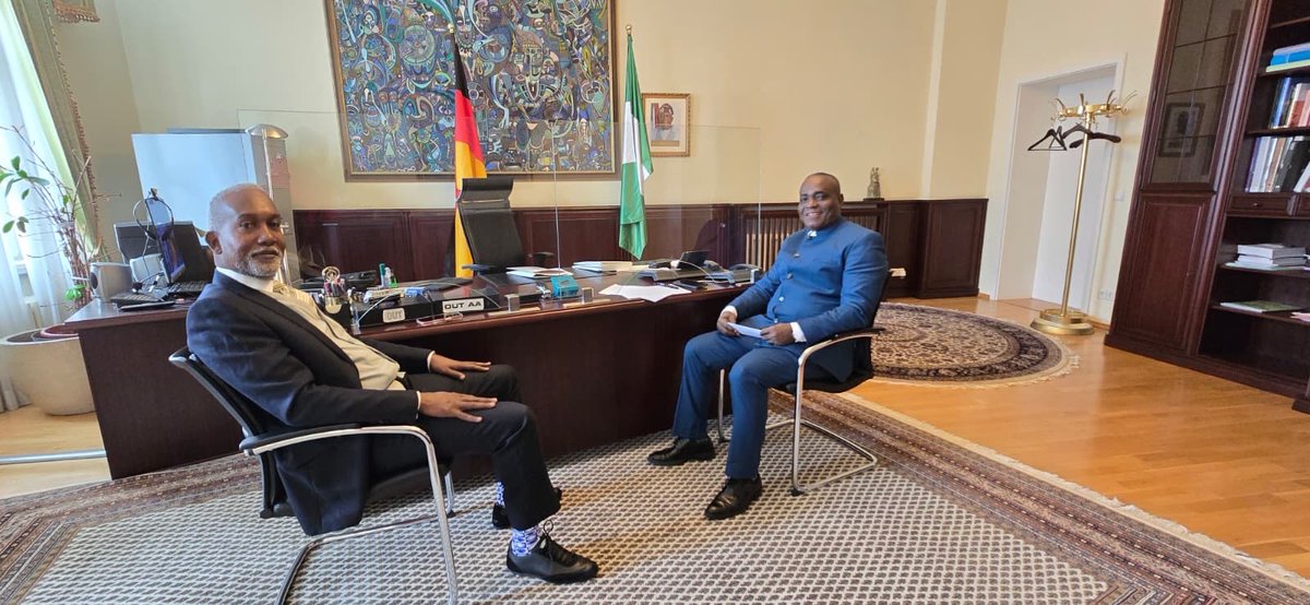 NigeriaBerlin's tweet photo. A warm homecoming took place today at the Embassy of the Federal Republic of Nigeria, Berlin, as the former Honourable Minister of Foreign Affairs of Nigeria, H.E. Yusuf Maitama Tuggar, who previously served as Nigeria’s Ambassador to Germany from 2017 to 2023, paid a courtesy visit to the Ambassador-Designate to Germany, H.E. Senator Ita Enang.

In attendance were Mr. Mohammed Bashir Basha (Minister),  alongside other officers of the Embassy.

It was a memorable moment of continuity, mentorship, and dedication to service in the pursuit of Nigeria’s diplomatic objectives abroad.

#nigerianembassyberlin #nigeriaindiaspora #Berlin #oneNigeria #nigeriansinGermany #diplomacy