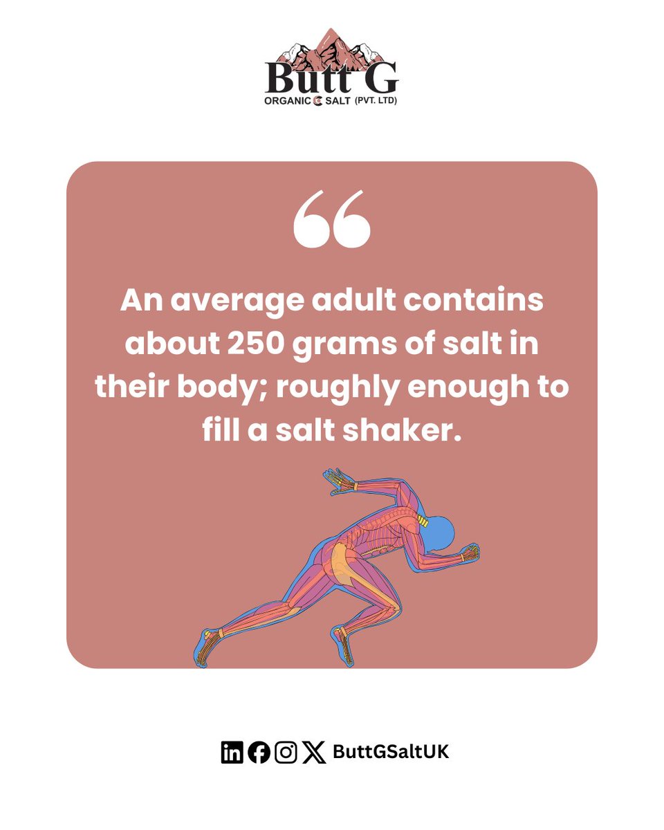 ButtGSaltUK's tweet photo. Did you know?

An average adult carries around 250 grams of salt inside their body: it's essential for your brain, muscles, and heartbeat!

Follow us for more fascinating salt facts 

#ButtGOrganicSalt #SaltFacts #HimalayanSalt #DidYouKnow https://t.co/6cJVSfFudS