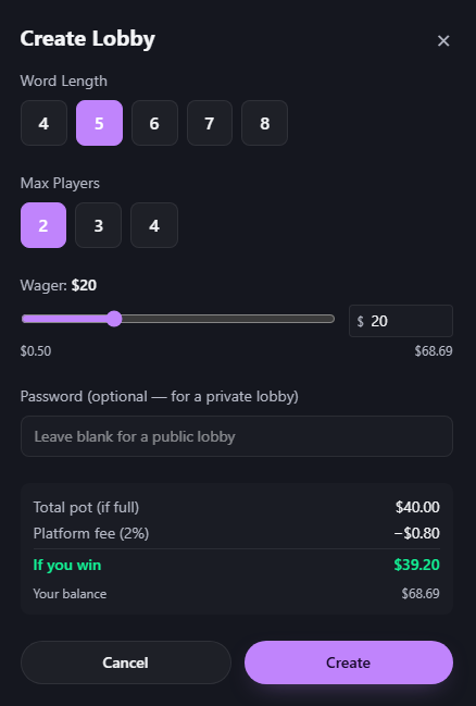 SolWagerNET's tweet photo. Customize your word fight lobby and choose the length of the word and amount of players you want to wager against. Half of the fees are used for token buybacks and burns! https://t.co/vKKooX3vN4