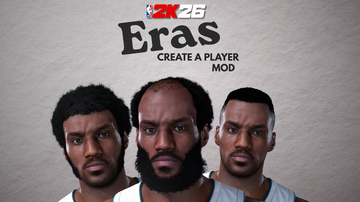_footvol_'s tweet photo. Eras Create A Player Mod is out now

Over 75 new hairstyles… over 80 total with the new short cuts, plus new facial hair options, 60 improved skin tone choices, bad but authentic 90s-style tattoos, and more customization upgrades for 70s, 80s, 90s, and early 00s created players.

Up on my Ko-Fi, linked on profile.