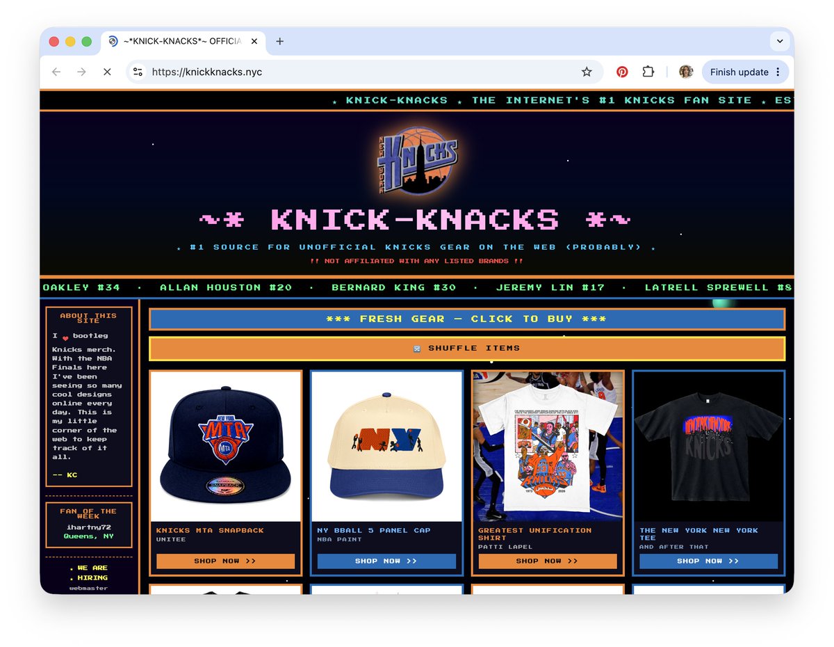 VictoriaFutures's tweet photo. Knick-Knacks is a Web 1.0 fan site that curates every piece of unofficial Knicks gear its webmaster can find, with a player ticker running deep cuts from Charles Oakley to Latrell Sprewell 🏀 https://t.co/SHh3myN6HG