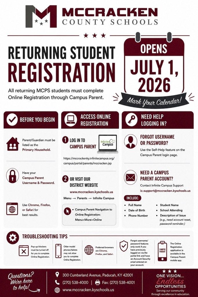 MCPSchools's tweet photo. 📢 Returning Student Online Registration Opens July 1!

McCracken County Public Schools parents/guardians can complete Online Registration for returning students beginning July 1, 2026 through Campus Parent https://t.co/YtG2OGvOPQ