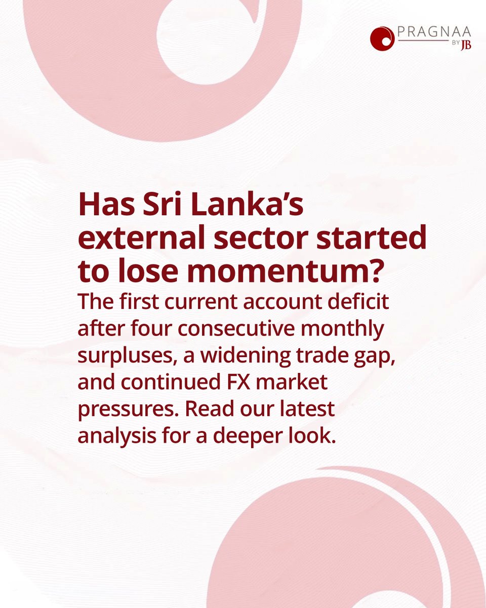 pragnaabyjb's tweet photo. Has Sri Lanka's external sector started to loose momentum?

https://t.co/yaF9zGE8pS

Key Takeaways -
⚪ In April 2026, the current account recorded a deficit of USD 532.4 million, marking the first deficit after five consecutive surpluses.
⚪ The merchandise trade deficit widened by 92.6% YoY, as import growth remained elevated at 45.7%, while export growth stood at 10.9% YoY.

⚪ The net services account declined by 37.8% YoY in April, mainly due to sharp contractions in manufacturing and construction services.

⚪ The terms of trade deteriorated by 6.5% YoY in April 2026, reflecting weaker export price dynamics relative to imports.

⚪ Gross official reserves increased to USD 6.9 billion by end-May. Meanwhile, the CBSL remained a net seller of foreign exchange in the domestic market, following the end of a 22-month streak of net purchases in April.

⚪ The financial account recorded net lending of USD 349.1 Mn in Q4 2025, with total net incurrence of liabilities of USD 1,065.0 Mn against net acquisition of financial assets of USD 715.9 Mn, compared with net lending of USD 28.1 Mn in Q3 2025.

#pragnaabyjb #insightsbypragnaa #SriLankInflation  #EconomicUpdate #InvestmentInsights