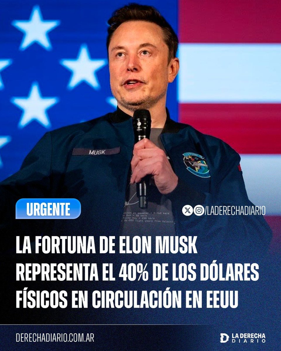 laderechadiario's tweet photo. 🚨🇺🇸 | IMPRESIONANTE: Tras la exitosa salida a bolsa de SpaceX, el patrimonio de Elon Musk —que alcanzó la cifra de 1.300.000.000.000 de dólares— ya representaría el 40% de todos los dólares físicos que circulan actualmente en Estados Unidos. https://t.co/DNbikeJFrT